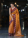 Banarasee Handloom Dual Tone Semi Silk Saree With Buti Design & Contrast Border-Yellow & Burgundy