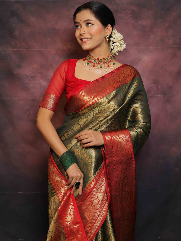 Banarasee Art Silk Saree With Buta Design & Contrast Broad Border-Green & Red