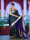 Banarasee Dual Tone Semi Katan Saree With Zari Buti Design & Floral Border-Green (Violet Tone)