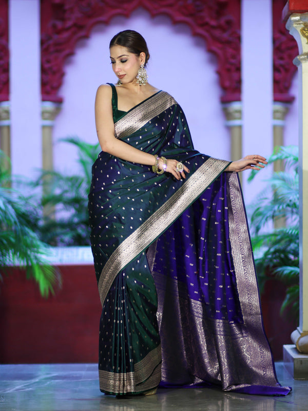 Banarasee Dual Tone Semi Katan Saree With Zari Buti Design & Floral Border-Green (Violet Tone)