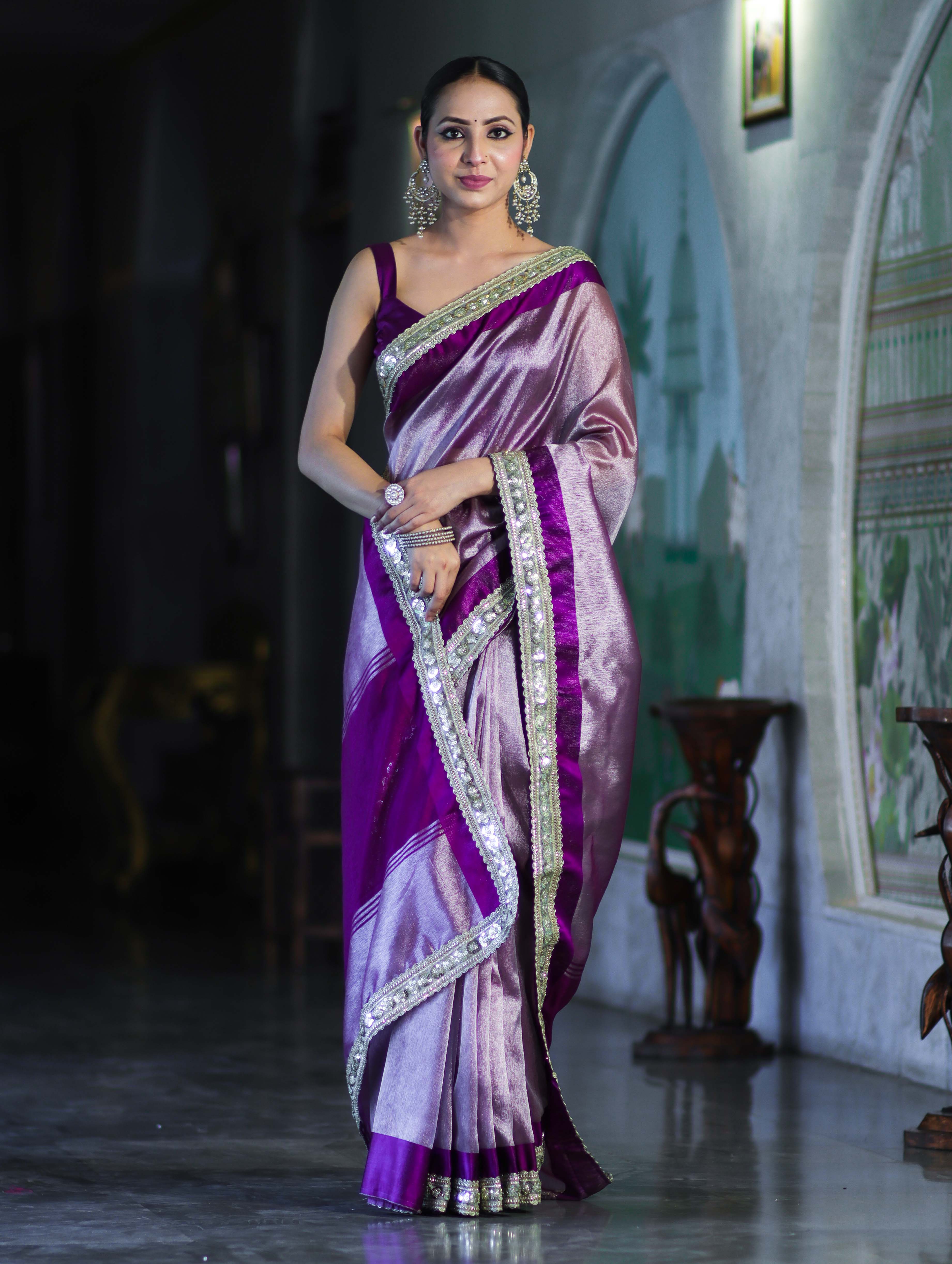 Banarasee Handloom Plain Tissue Saree With Lace Border-Purple