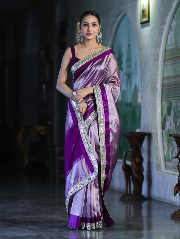 Banarasee Handloom Plain Tissue Saree With Lace Border-Purple