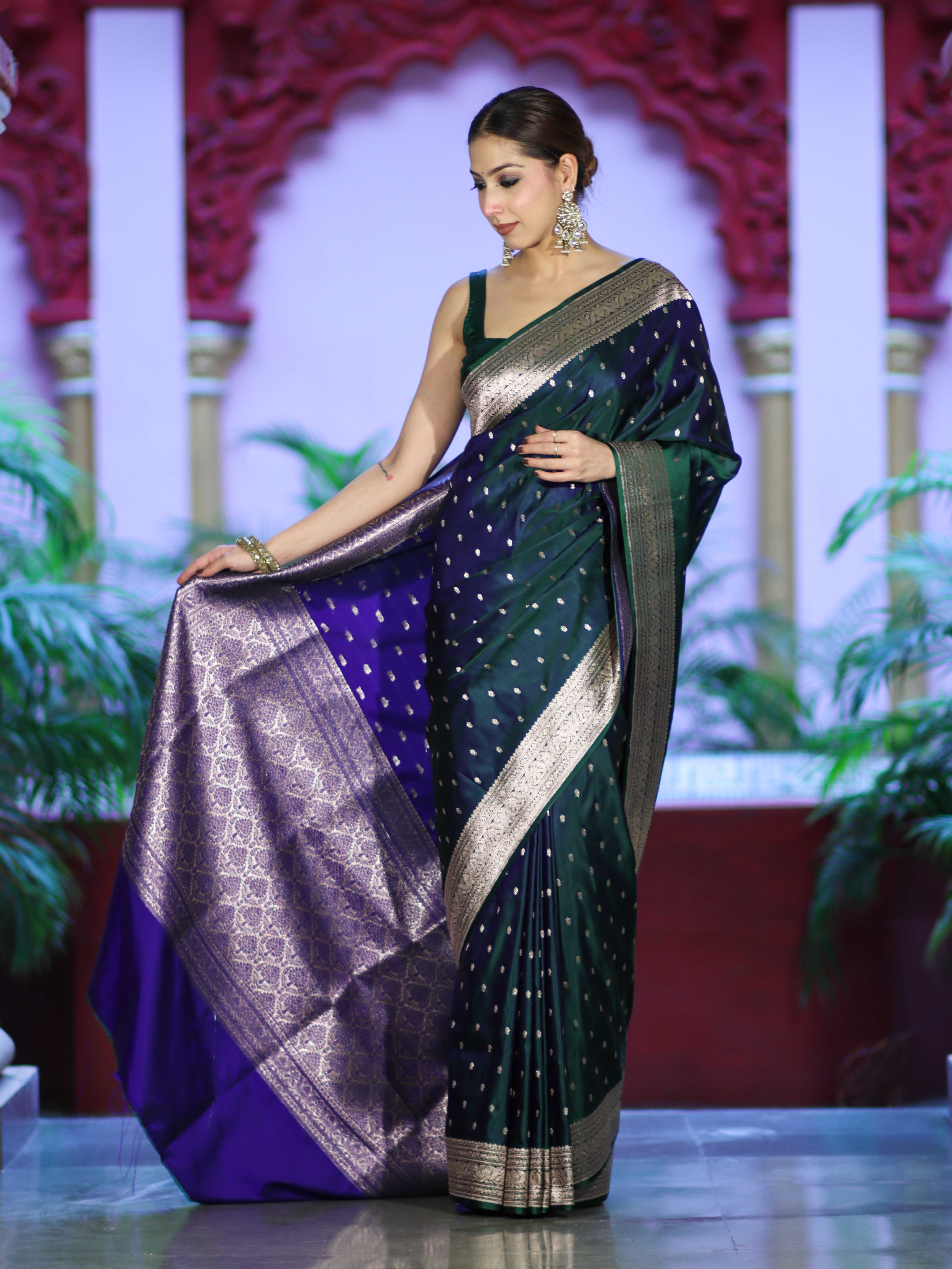 Banarasee Dual Tone Semi Katan Saree With Zari Buti Design & Floral Border-Green (Violet Tone)
