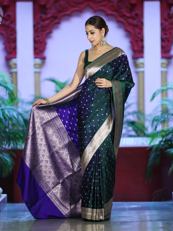 Banarasee Dual Tone Semi Katan Saree With Zari Buti Design & Floral Border-Green (Violet Tone)