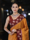Banarasee Handloom Dual Tone Semi Silk Saree With Buti Design & Contrast Border-Yellow & Burgundy