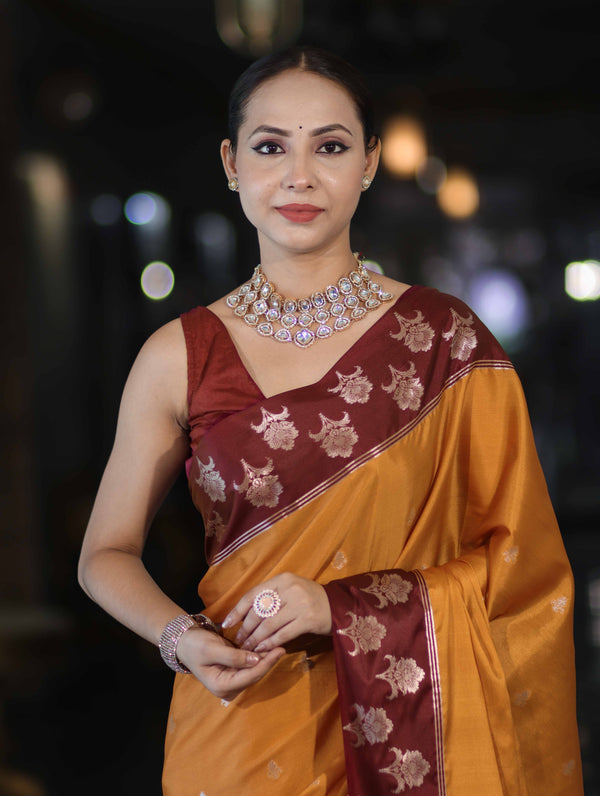 Banarasee Handloom Dual Tone Semi Silk Saree With Buti Design & Contrast Border-Yellow & Burgundy