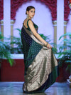 Banarasee Dual Tone Semi Katan Saree With Zari Buti Design & Floral Border-Green (Violet Tone)