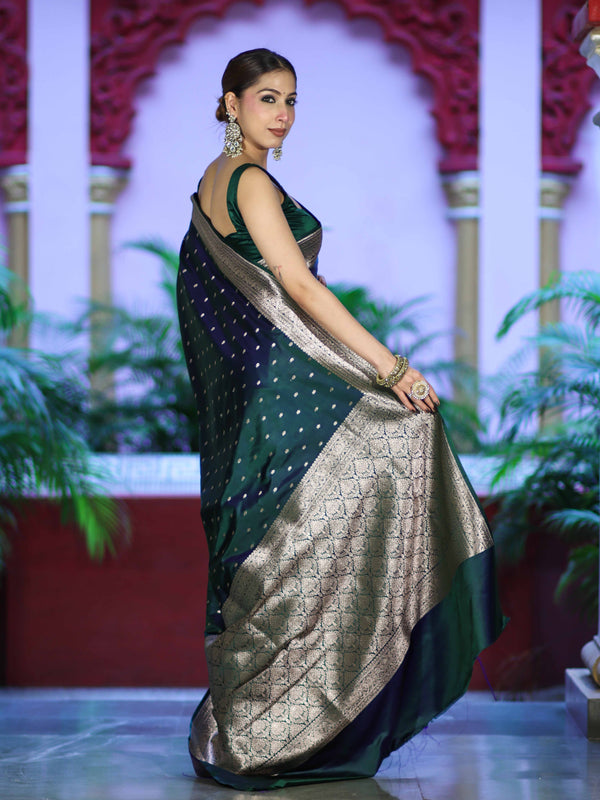 Banarasee Dual Tone Semi Katan Saree With Zari Buti Design & Floral Border-Green (Violet Tone)
