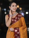 Banarasee Handloom Dual Tone Semi Silk Saree With Buti Design & Contrast Border-Yellow & Burgundy