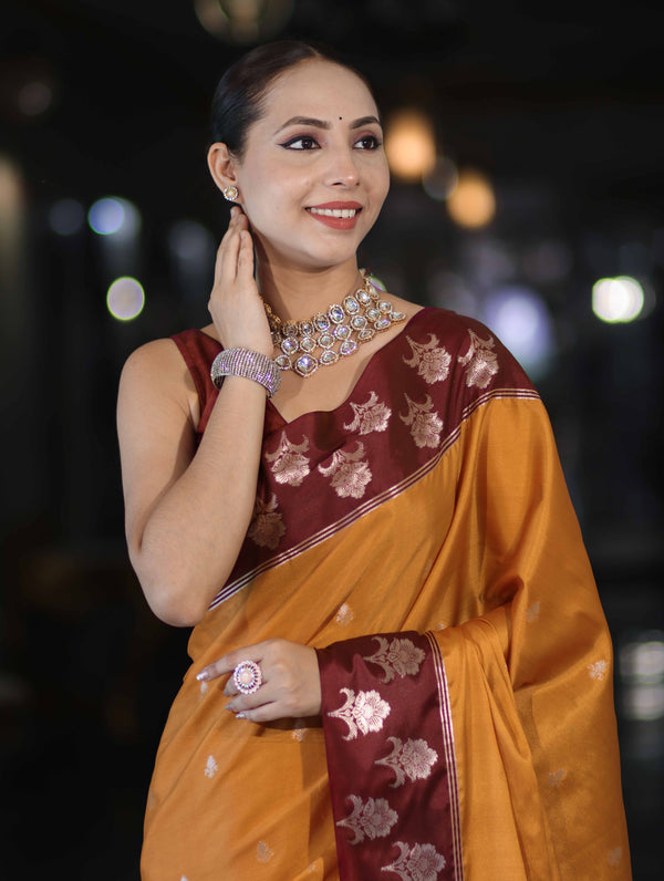 Banarasee Handloom Dual Tone Semi Silk Saree With Buti Design & Contrast Border-Yellow & Burgundy