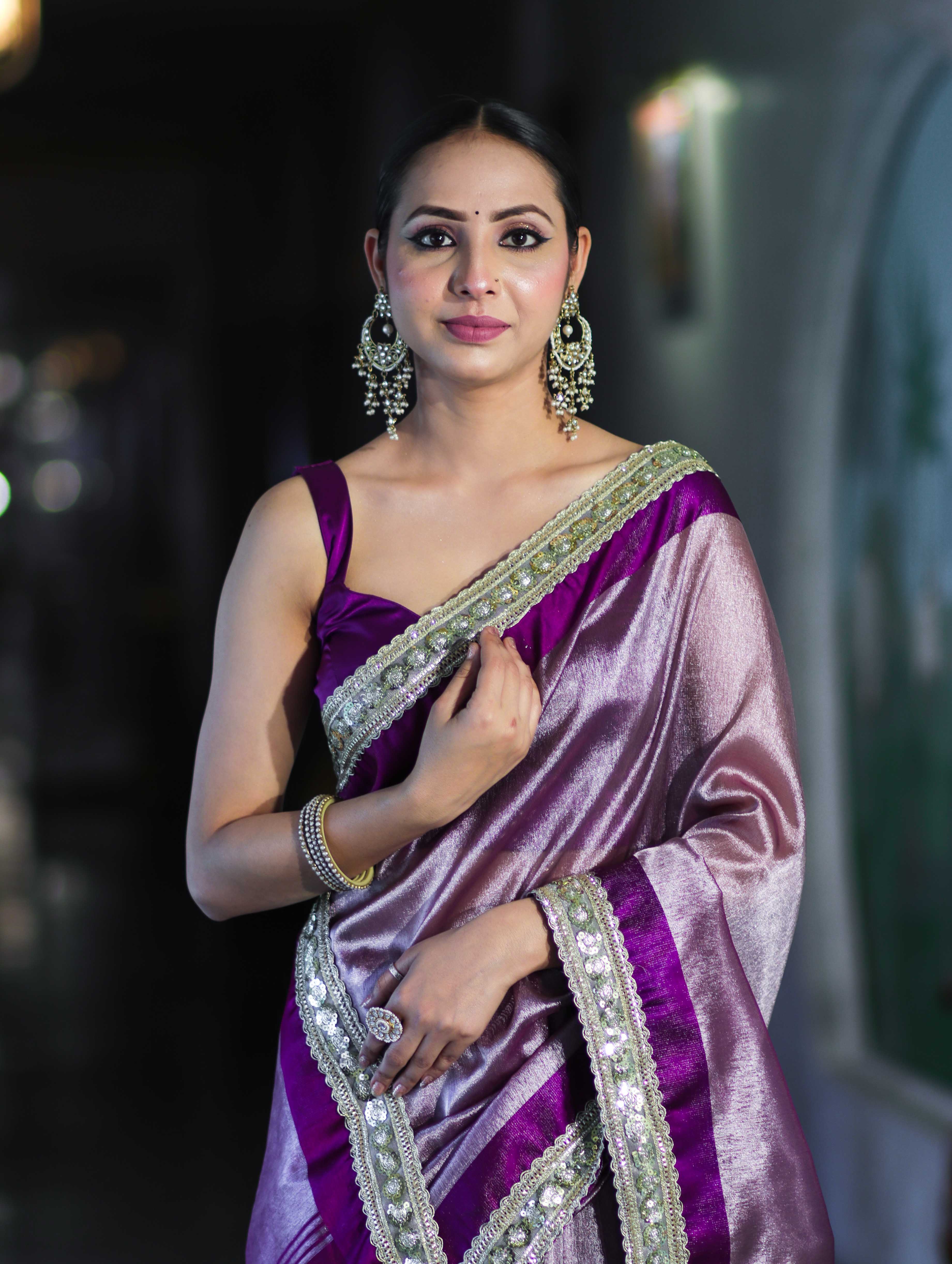 Banarasee Handloom Plain Tissue Saree With Lace Border-Purple