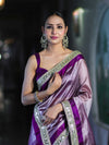 Banarasee Handloom Plain Tissue Saree With Lace Border-Purple