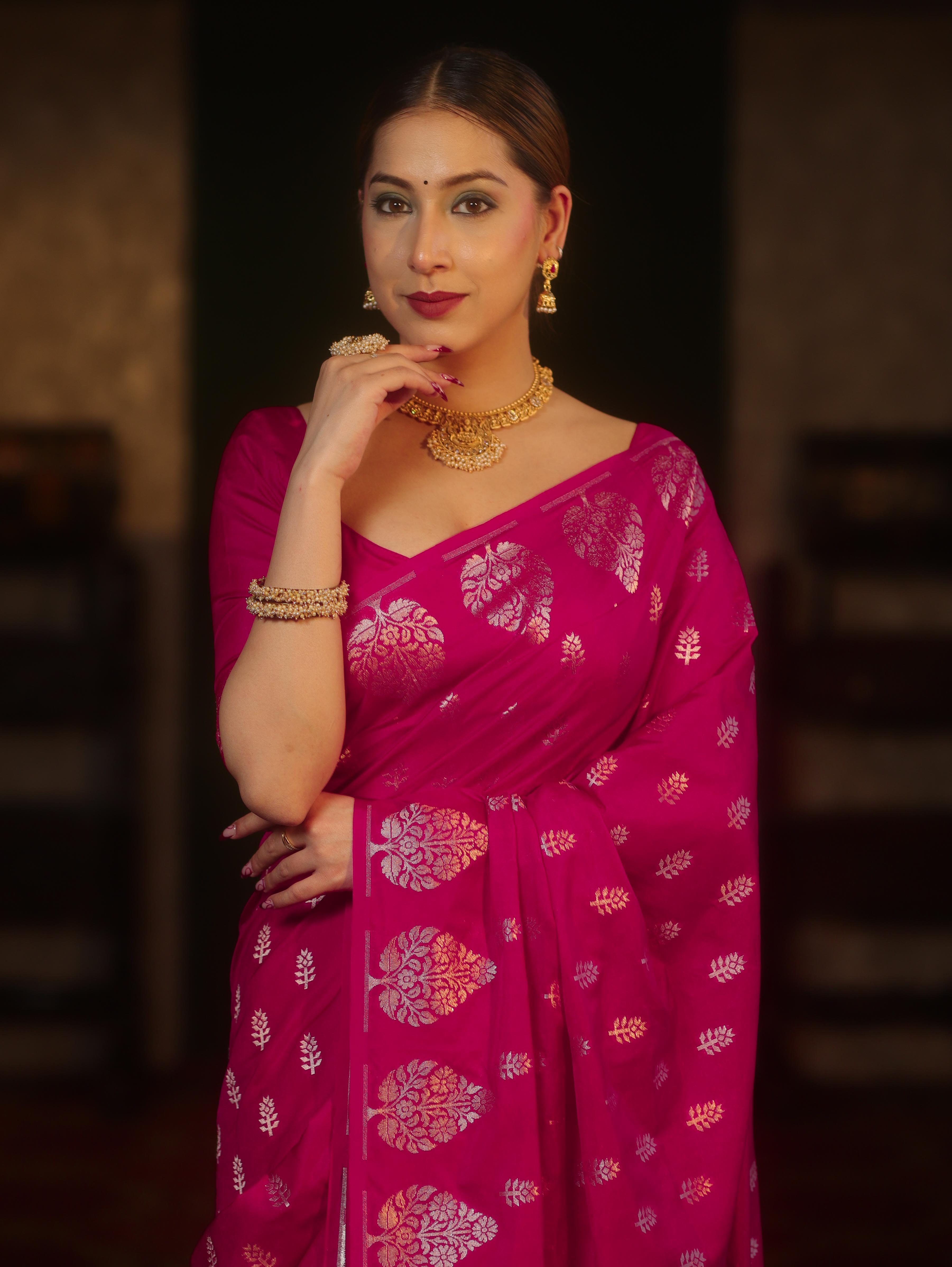 Banarasee Handwoven Semi Katan Saree With Zari Buti Design & Border-Rani Pink