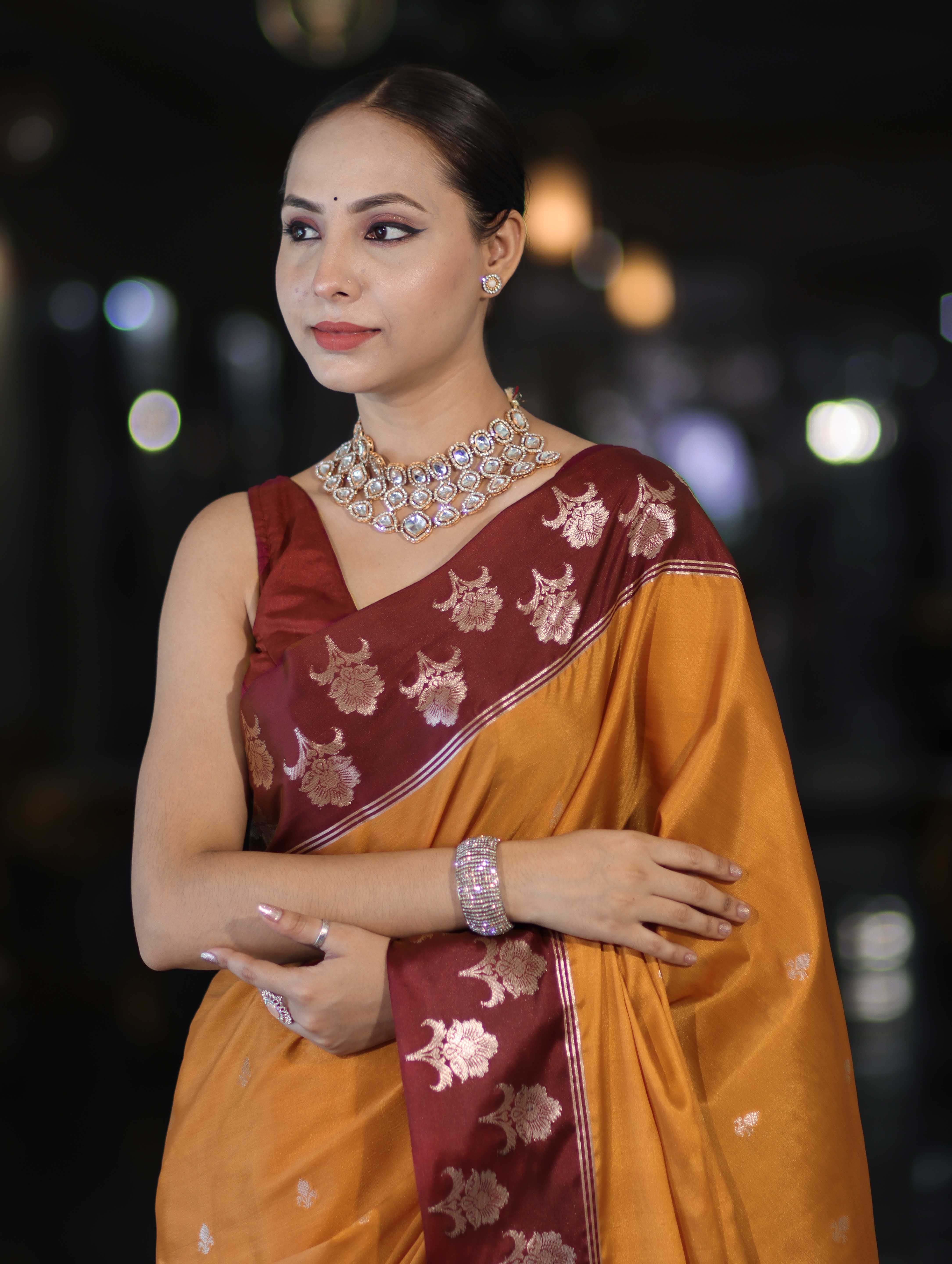Banarasee Handloom Dual Tone Semi Silk Saree With Buti Design & Contrast Border-Yellow & Burgundy