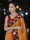 Banarasee Handloom Dual Tone Semi Silk Saree With Buti Design & Contrast Border-Yellow & Burgundy