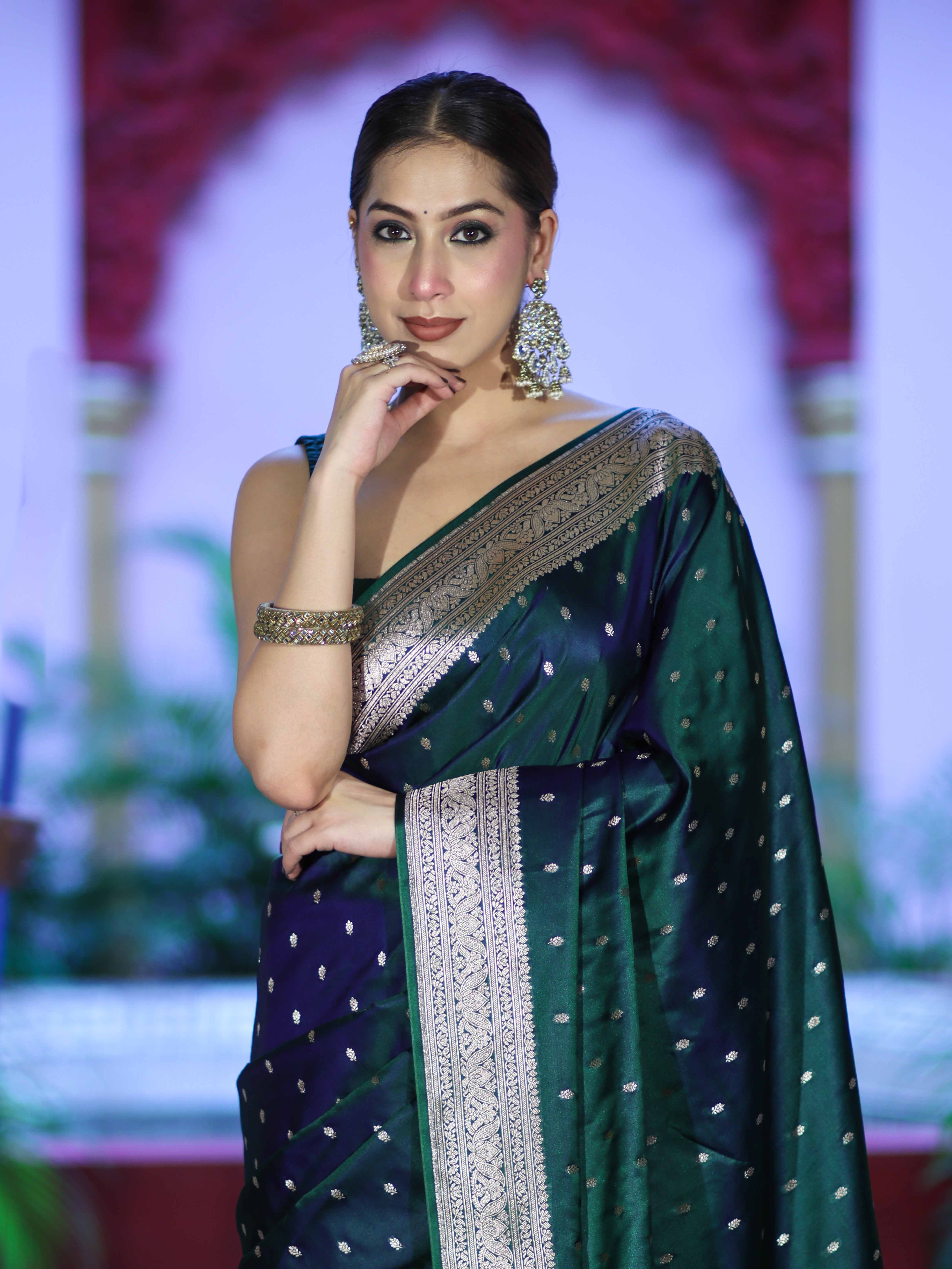 Banarasee Dual Tone Semi Katan Saree With Zari Buti Design & Floral Border-Green (Violet Tone)