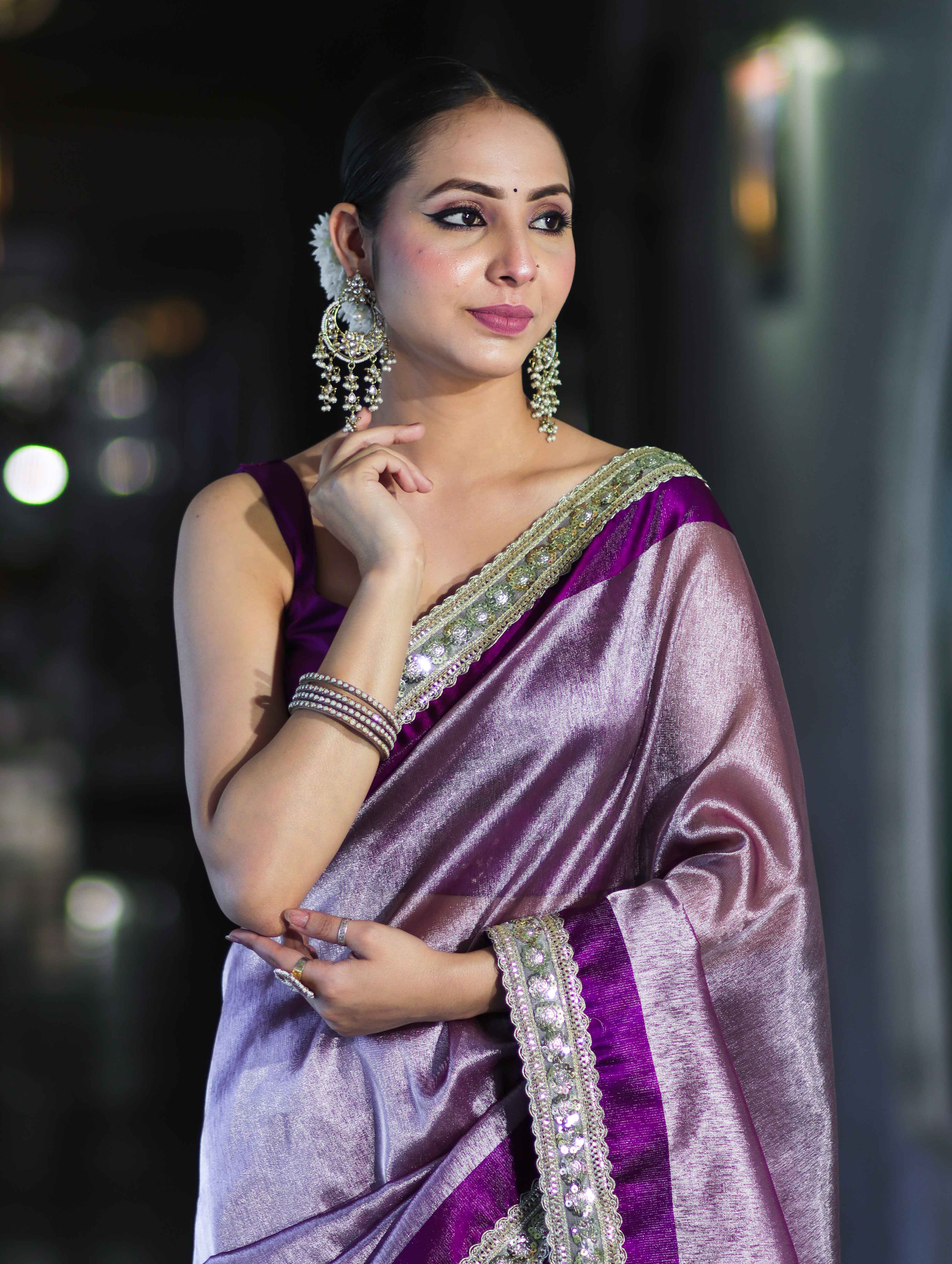 Banarasee Handloom Plain Tissue Saree With Lace Border-Purple