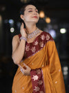 Banarasee Handloom Dual Tone Semi Silk Saree With Buti Design & Contrast Border-Yellow & Burgundy