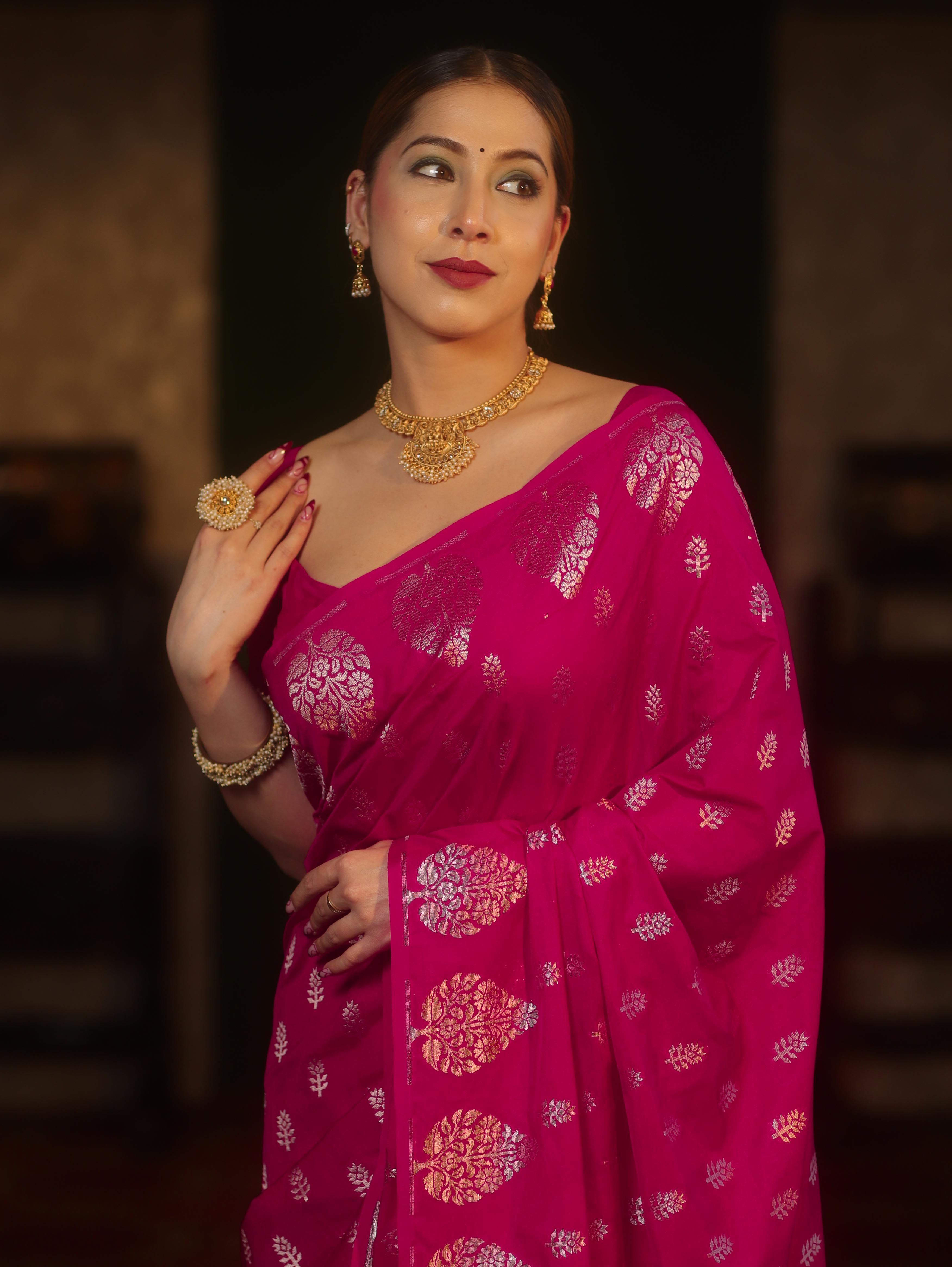 Banarasee Handwoven Semi Katan Saree With Zari Buti Design & Border-Rani Pink