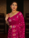 Banarasee Handwoven Semi Katan Saree With Zari Buti Design & Border-Rani Pink