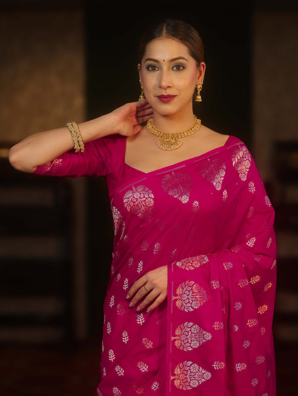 Banarasee Handwoven Semi Katan Saree With Zari Buti Design & Border-Rani Pink
