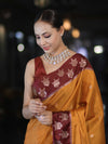 Banarasee Handloom Dual Tone Semi Silk Saree With Buti Design & Contrast Border-Yellow & Burgundy