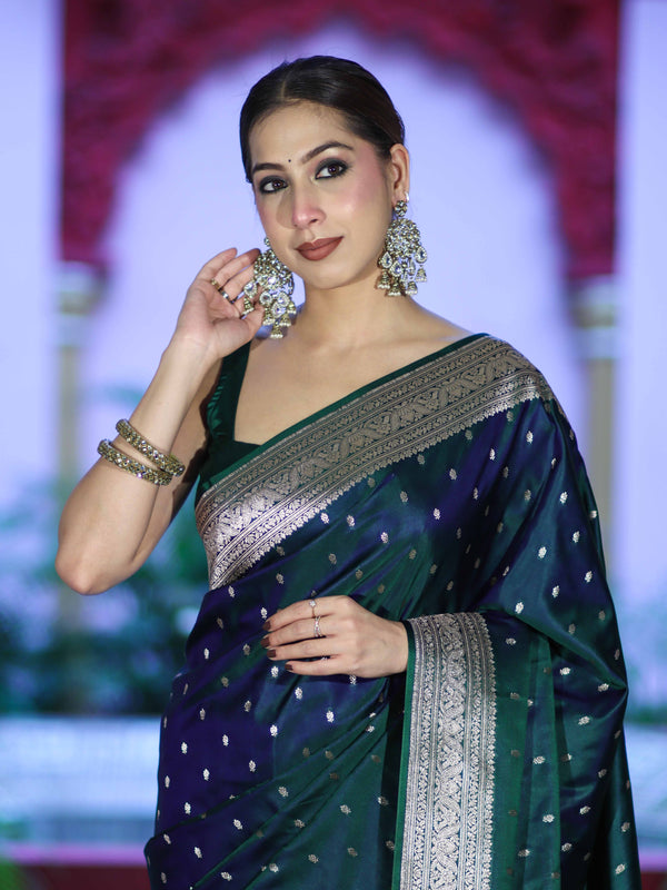 Banarasee Dual Tone Semi Katan Saree With Zari Buti Design & Floral Border-Green (Violet Tone)