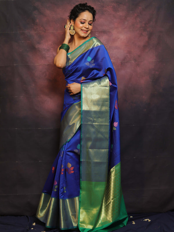 Banarasee Handwoven Semi Silk Saree With Broad Zari Border-Blue