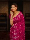 Banarasee Handwoven Semi Katan Saree With Zari Buti Design & Border-Rani Pink