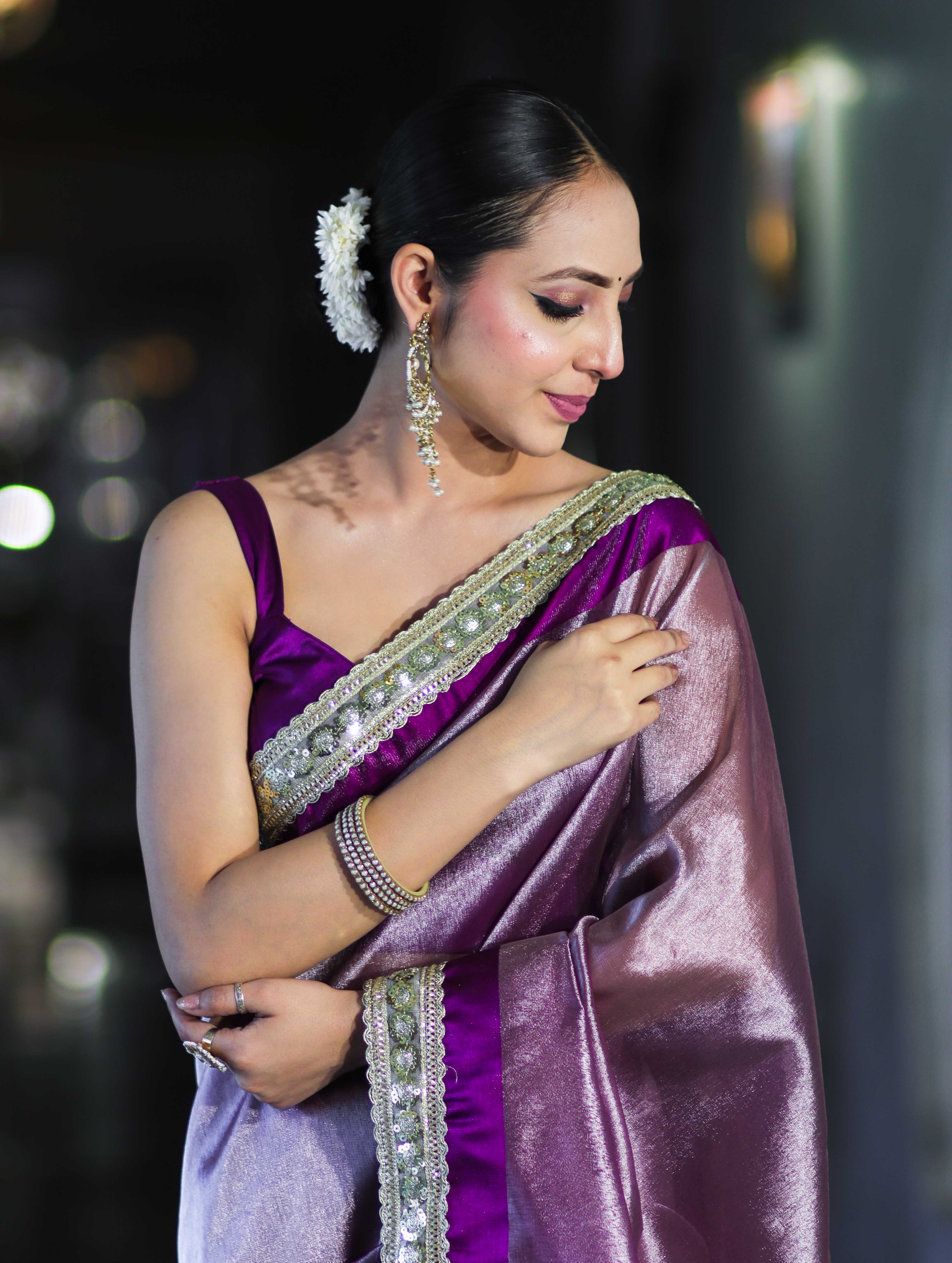 Banarasee Handloom Plain Tissue Saree With Lace Border-Purple