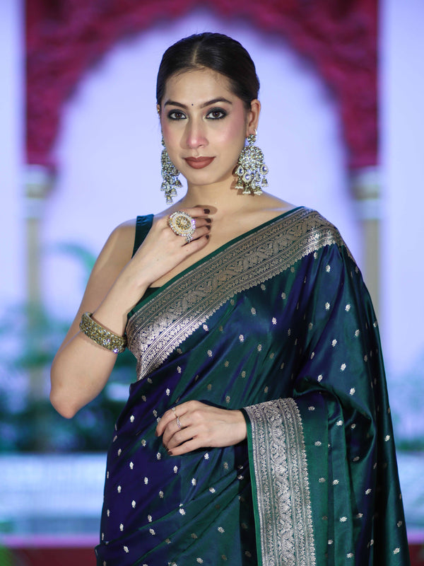 Banarasee Dual Tone Semi Katan Saree With Zari Buti Design & Floral Border-Green (Violet Tone)
