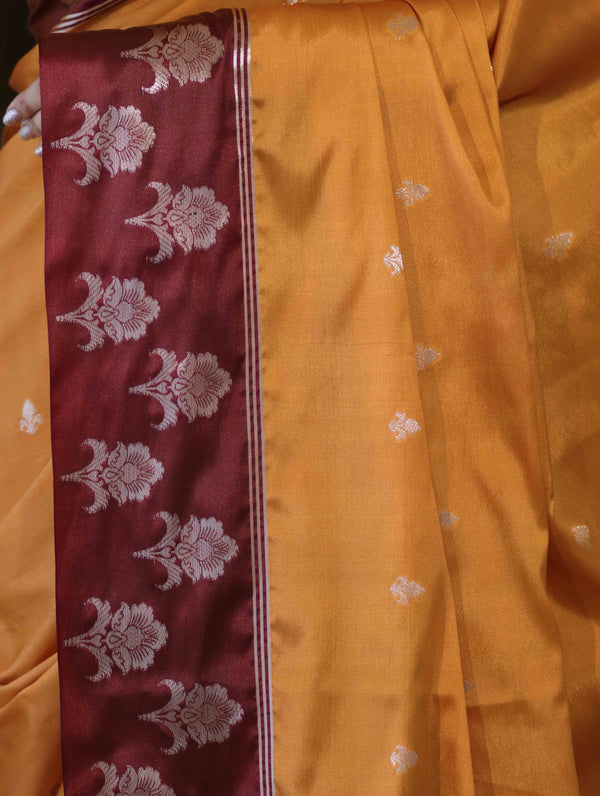Banarasee Handloom Dual Tone Semi Silk Saree With Buti Design & Contrast Border-Yellow & Burgundy