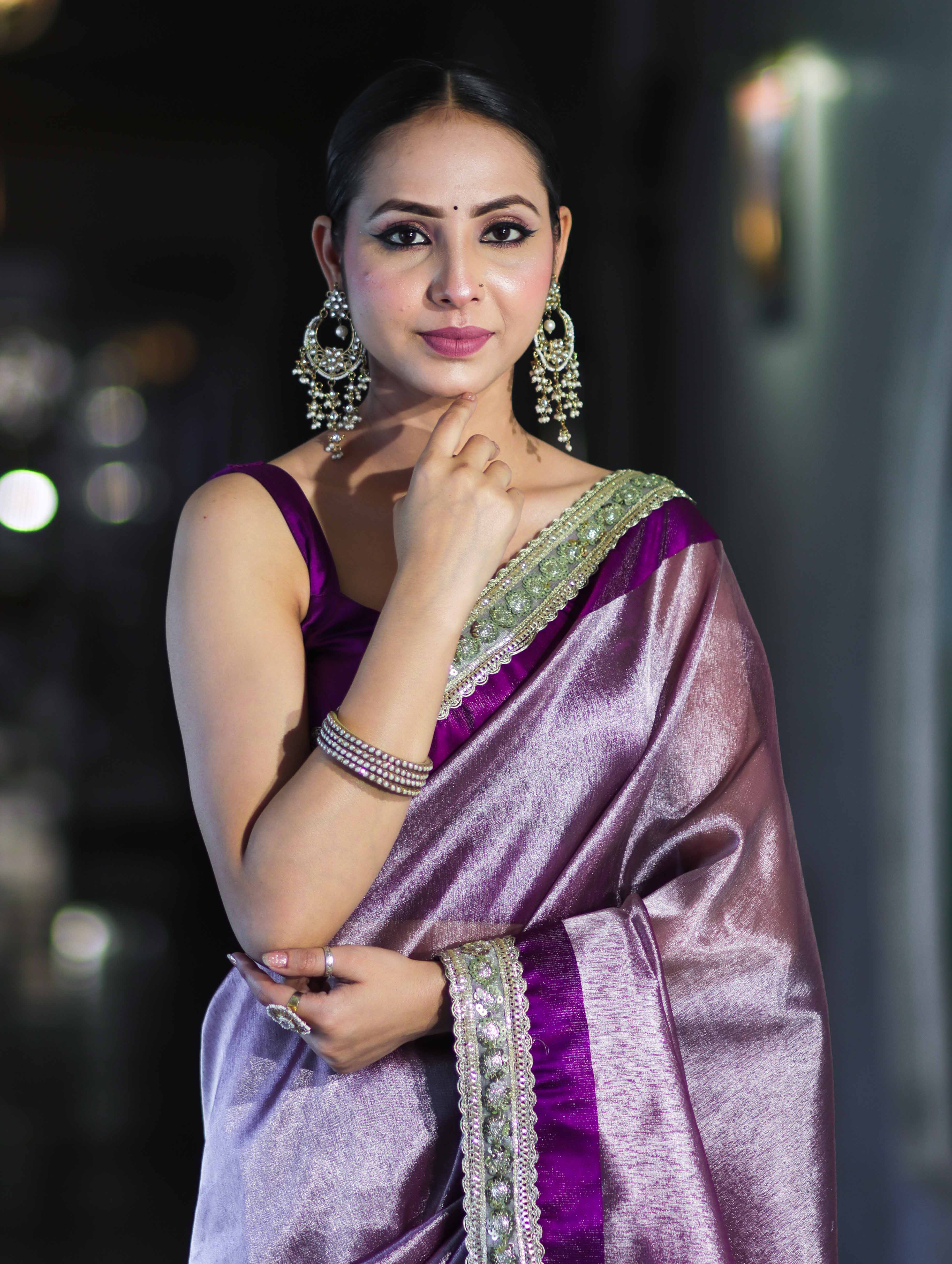 Banarasee Handloom Plain Tissue Saree With Lace Border-Purple