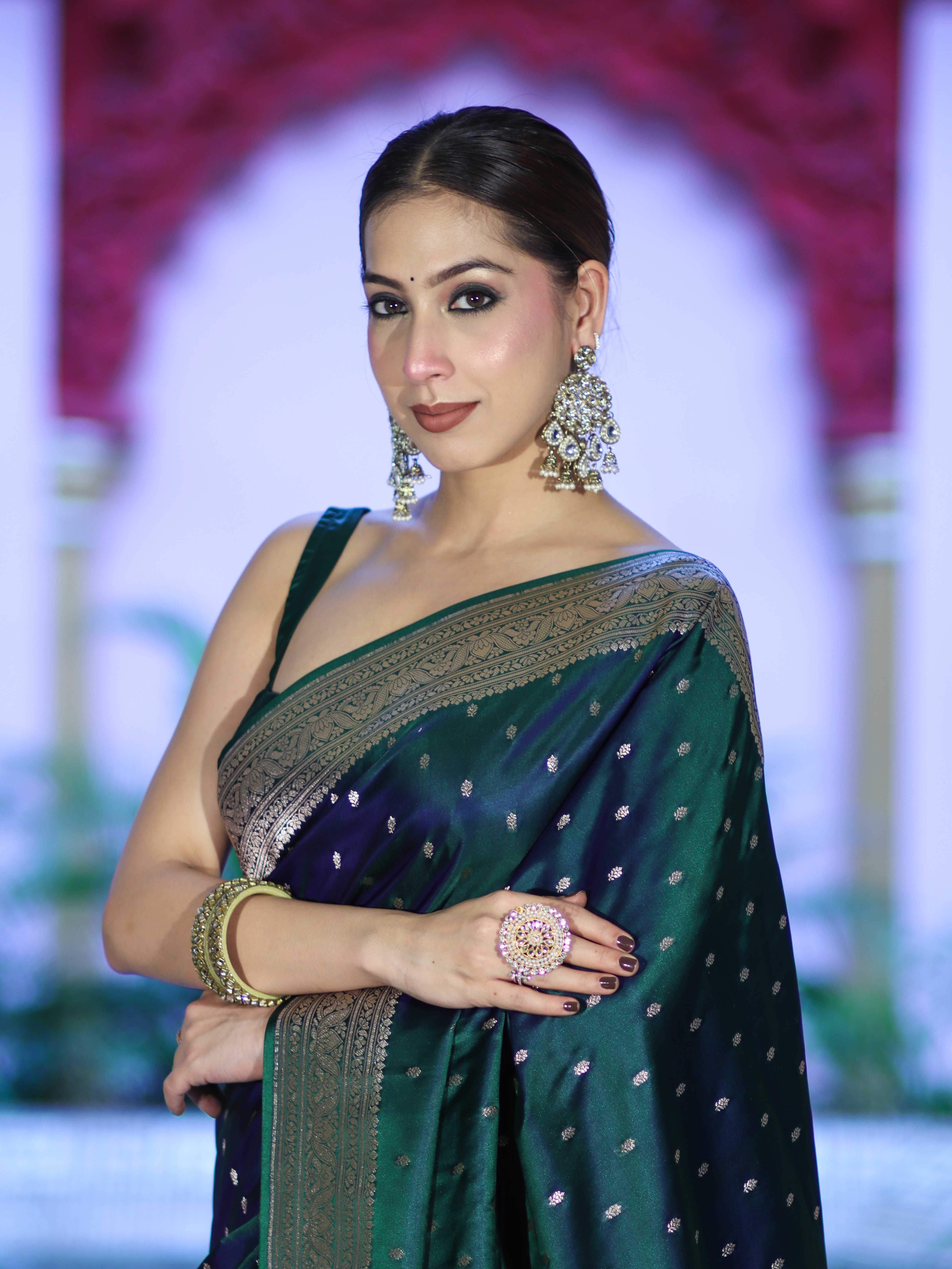 Banarasee Dual Tone Semi Katan Saree With Zari Buti Design & Floral Border-Green (Violet Tone)