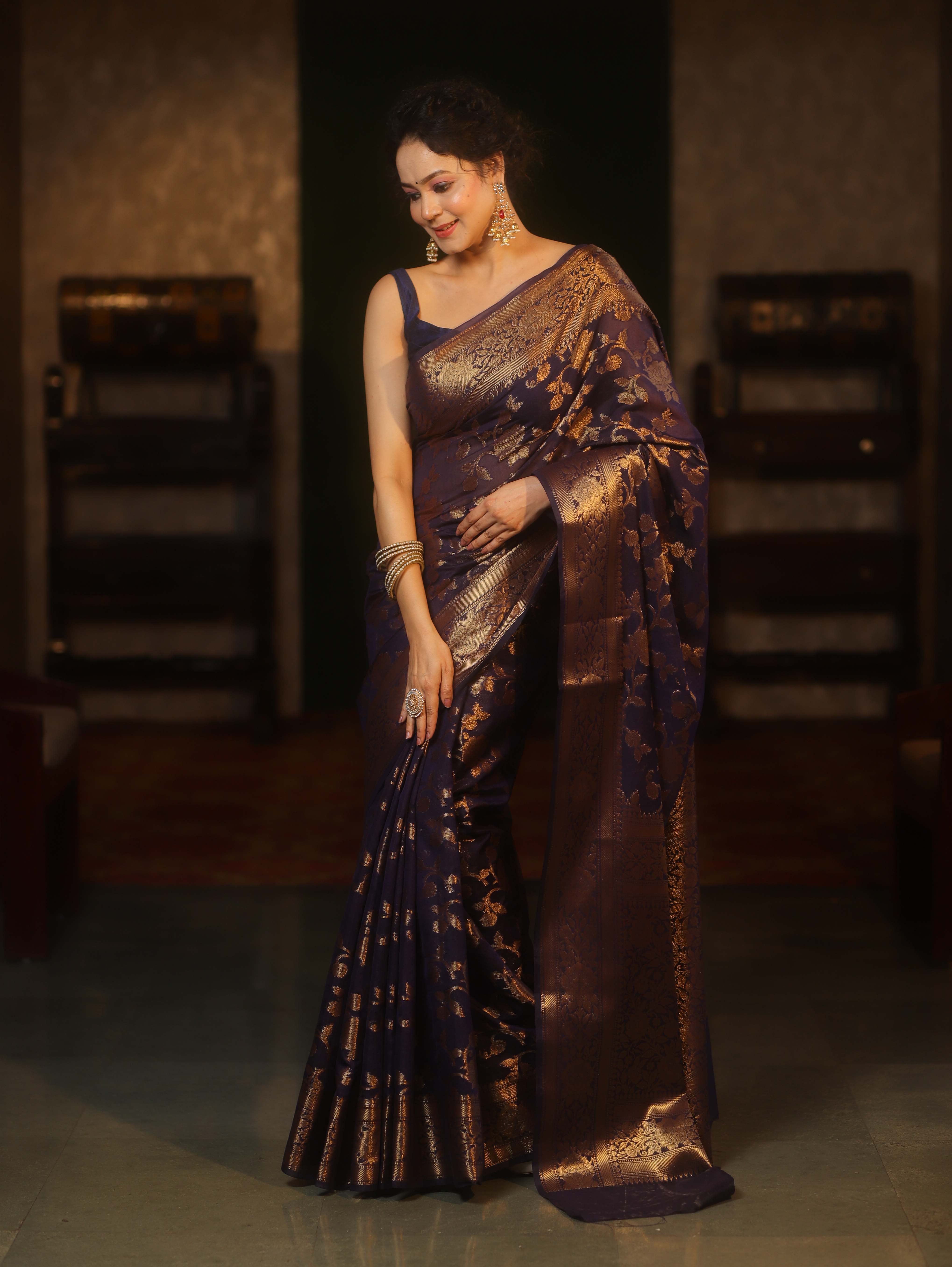 Banarasee Handwoven Semi Silk Saree With Antique Zari Jaal Design & Border-Blue