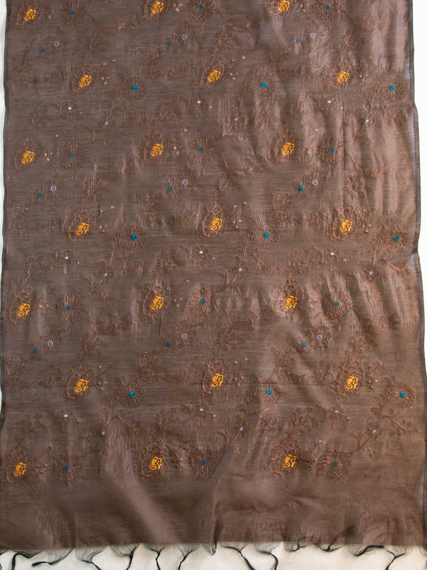 Banarasee Cotton Silk Embroidered Jaal Design Dupatta-Brown