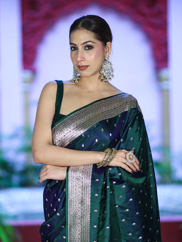 Banarasee Dual Tone Semi Katan Saree With Zari Buti Design & Floral Border-Green (Violet Tone)