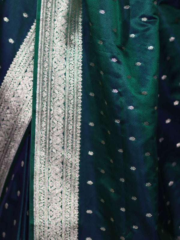 Banarasee Dual Tone Semi Katan Saree With Zari Buti Design & Floral Border-Green (Violet Tone)
