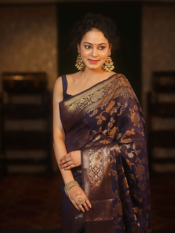 Banarasee Handwoven Semi Silk Saree With Antique Zari Jaal Design & Border-Blue