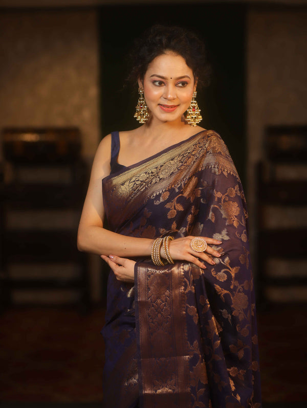 Banarasee Handwoven Semi Silk Saree With Antique Zari Jaal Design & Border-Blue