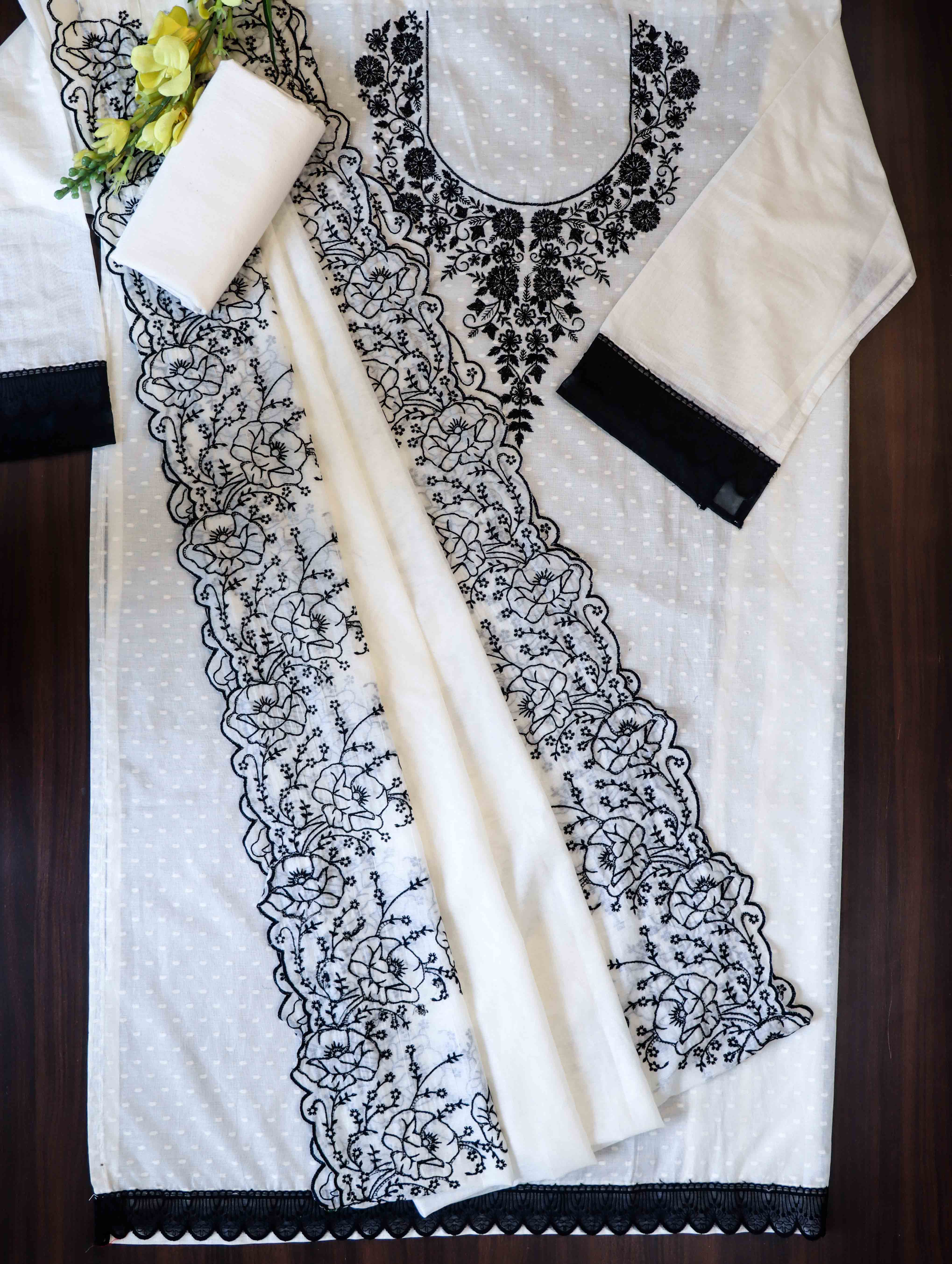 Banarasee Semi-Stitched Mul Cotton Salwar Kameez Set With Cotton Silk Dupatta-White