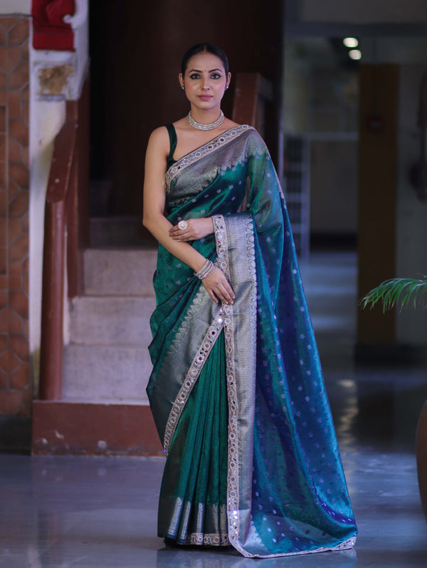 Banarasee Handloom Tissue Saree With Buti Design Zari Border & Lace-Green