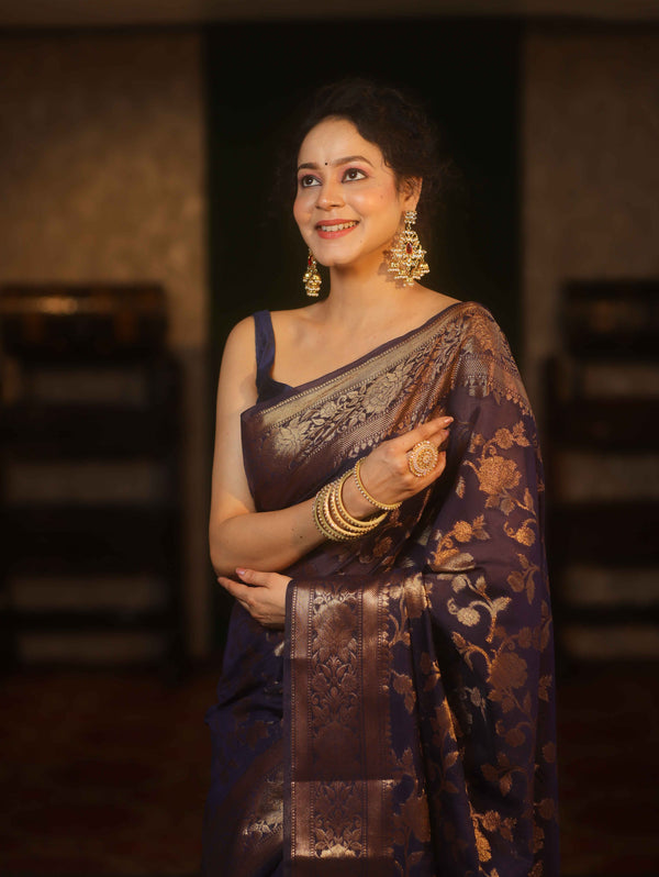 Banarasee Handwoven Semi Silk Saree With Antique Zari Jaal Design & Border-Blue
