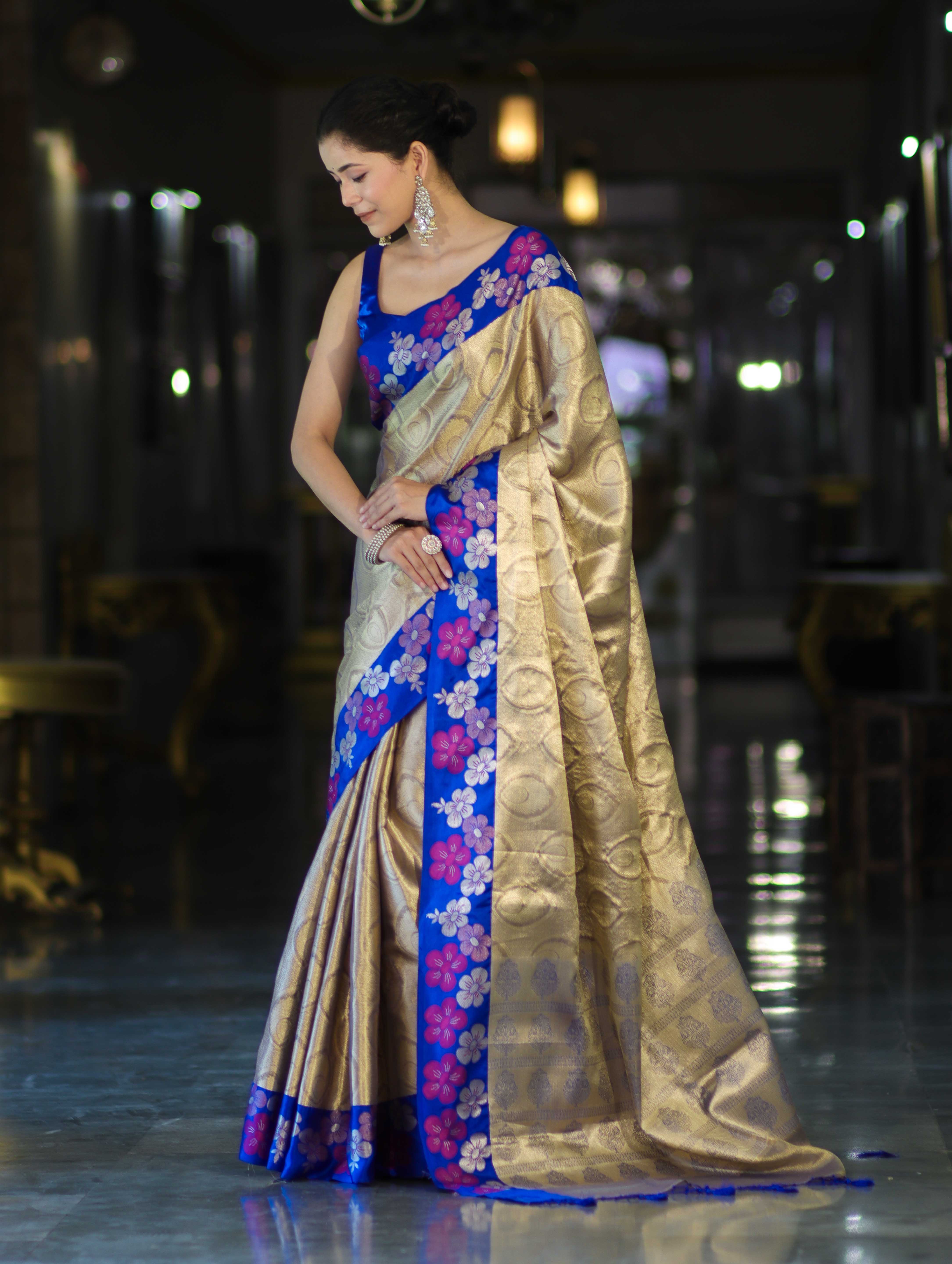 Banarasee Handloom Zari Woven Tissue Saree With Floral Satin Border-Beige & Blue