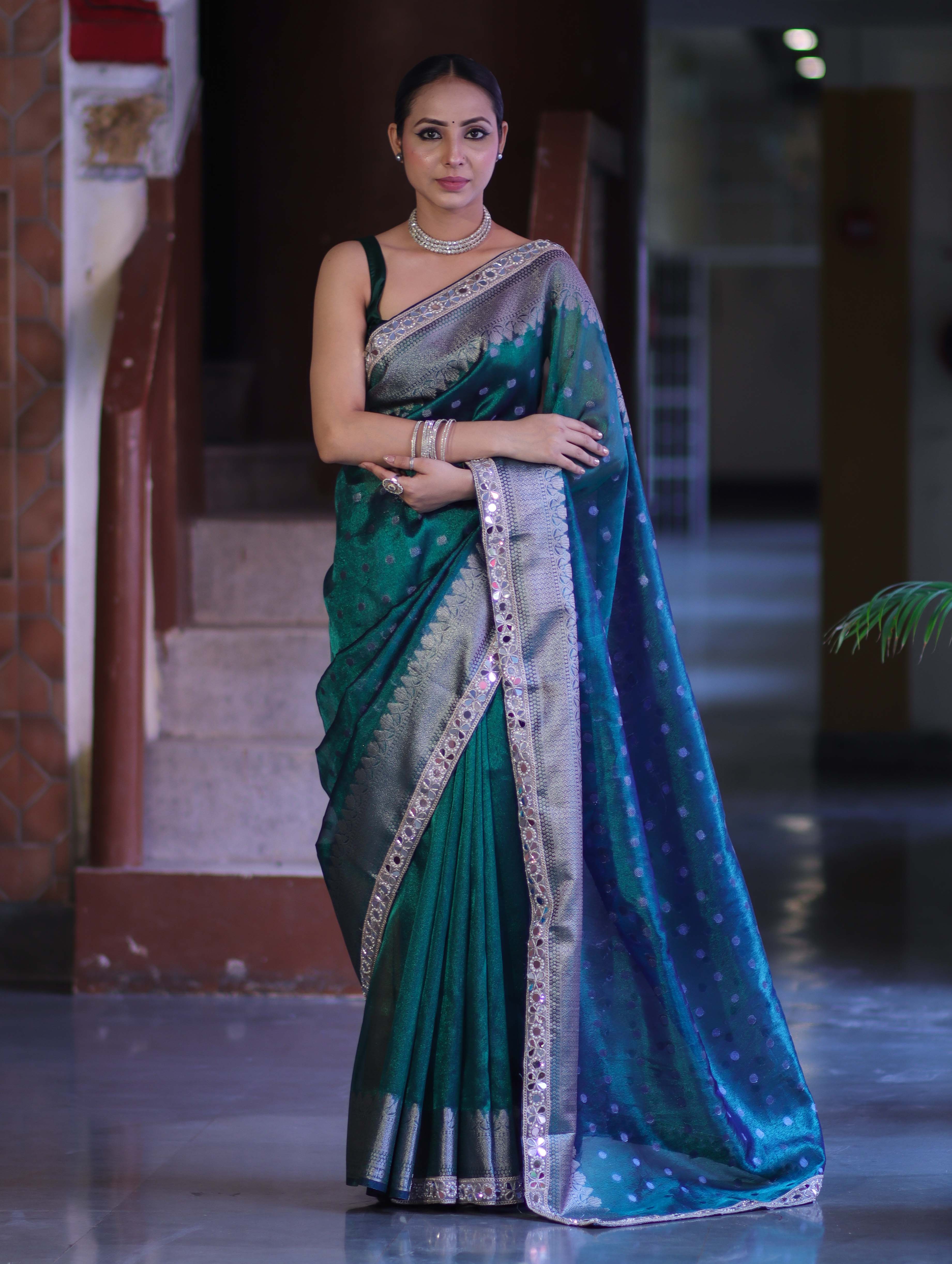 Banarasee Handloom Tissue Saree With Buti Design Zari Border & Lace-Green
