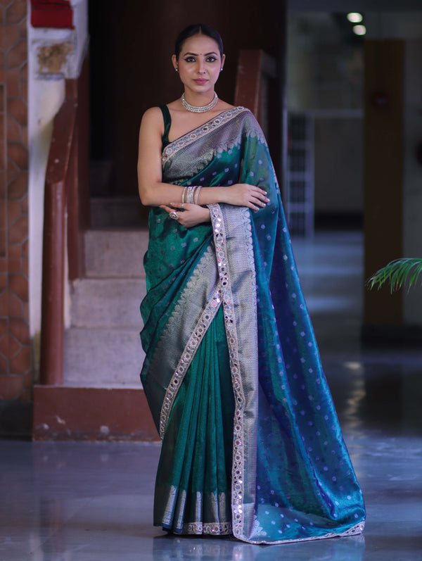 Banarasee Handloom Tissue Saree With Buti Design Zari Border & Lace-Green