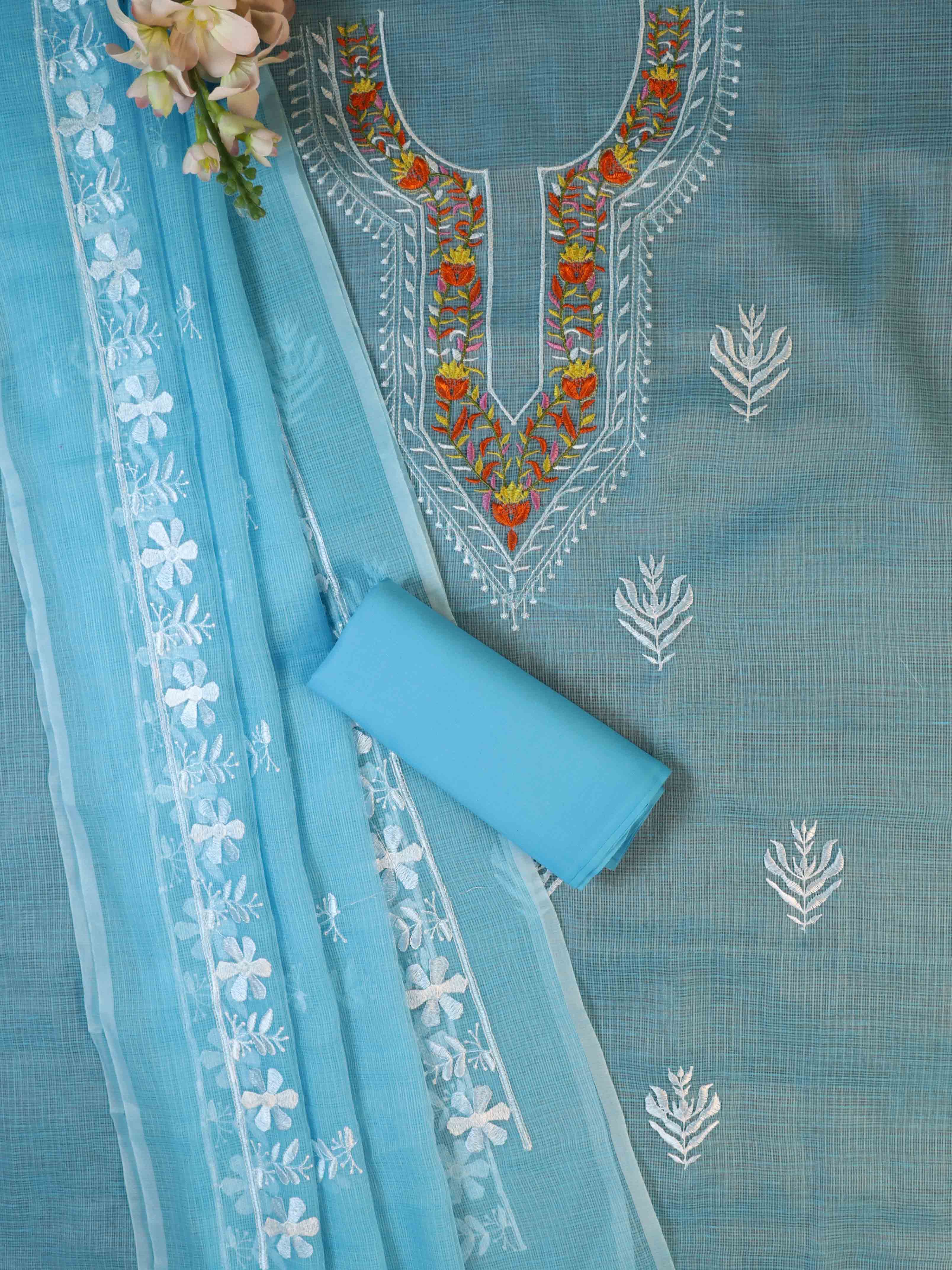 Banarasee Kota Doria Hand-Embroidered Salwar Kameez Dupatta Set-Light Blue