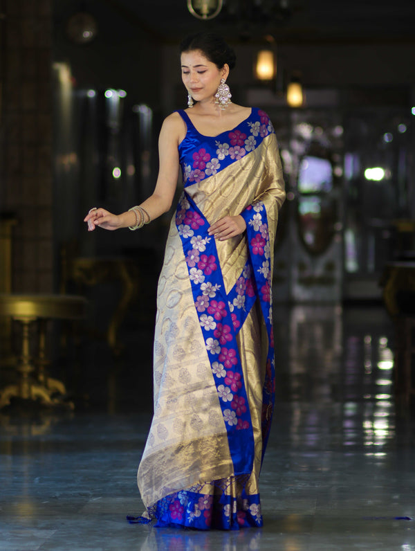 Banarasee Handloom Zari Woven Tissue Saree With Floral Satin Border-Beige & Blue