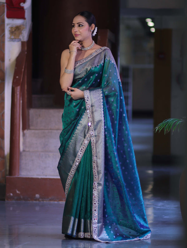 Banarasee Handloom Tissue Saree With Buti Design Zari Border & Lace-Green