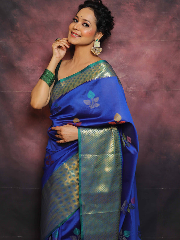 Banarasee Handwoven Semi Silk Saree With Broad Zari Border-Blue